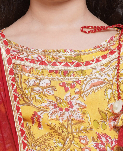 Floral Yellow Mustard Lehenga Kurti set with Red Chunni - Image 4